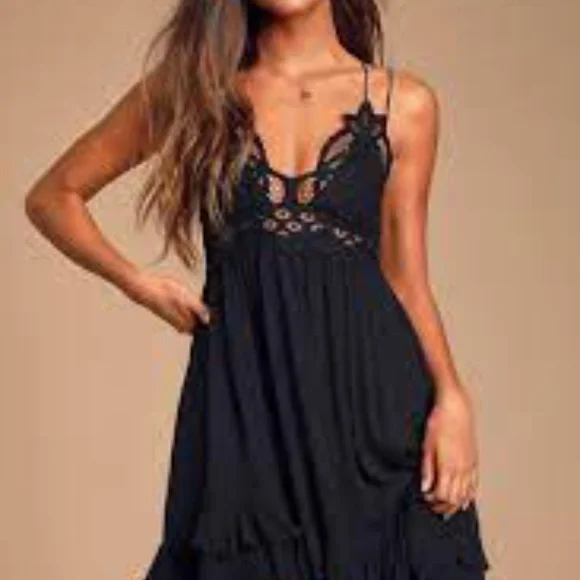 Free People | Dresses | Adella Slip Black Lace Dress | Poshmark